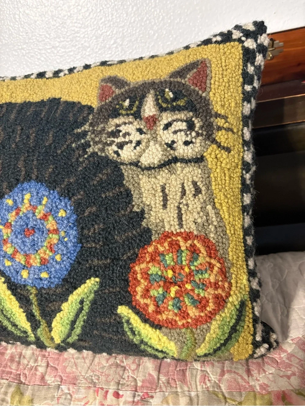 Peking Handicraft Penny Flower Cat wool hooked lumbar pillow